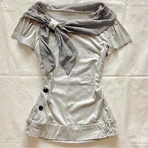 Gray Top with Checkered Scarf Detail